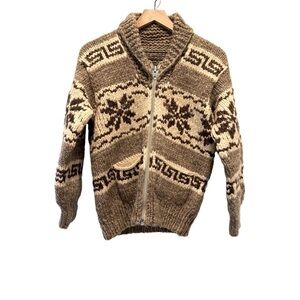 Vintage ‘60s Cowichan Native American Indian Sweater Jacket Snowflake Chunky M L